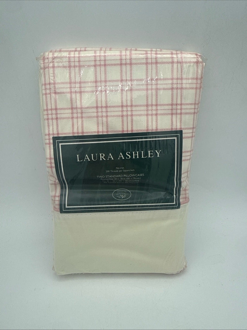 Laura Ashley Vintage Pink Cream Plaid Check Pillowcase Pair Cottagecore New NOS